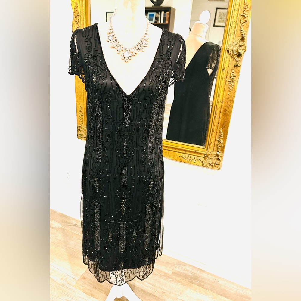 Vintage Gatsby flapper style crystal  beaded dress whimseygoth black tie sz 10